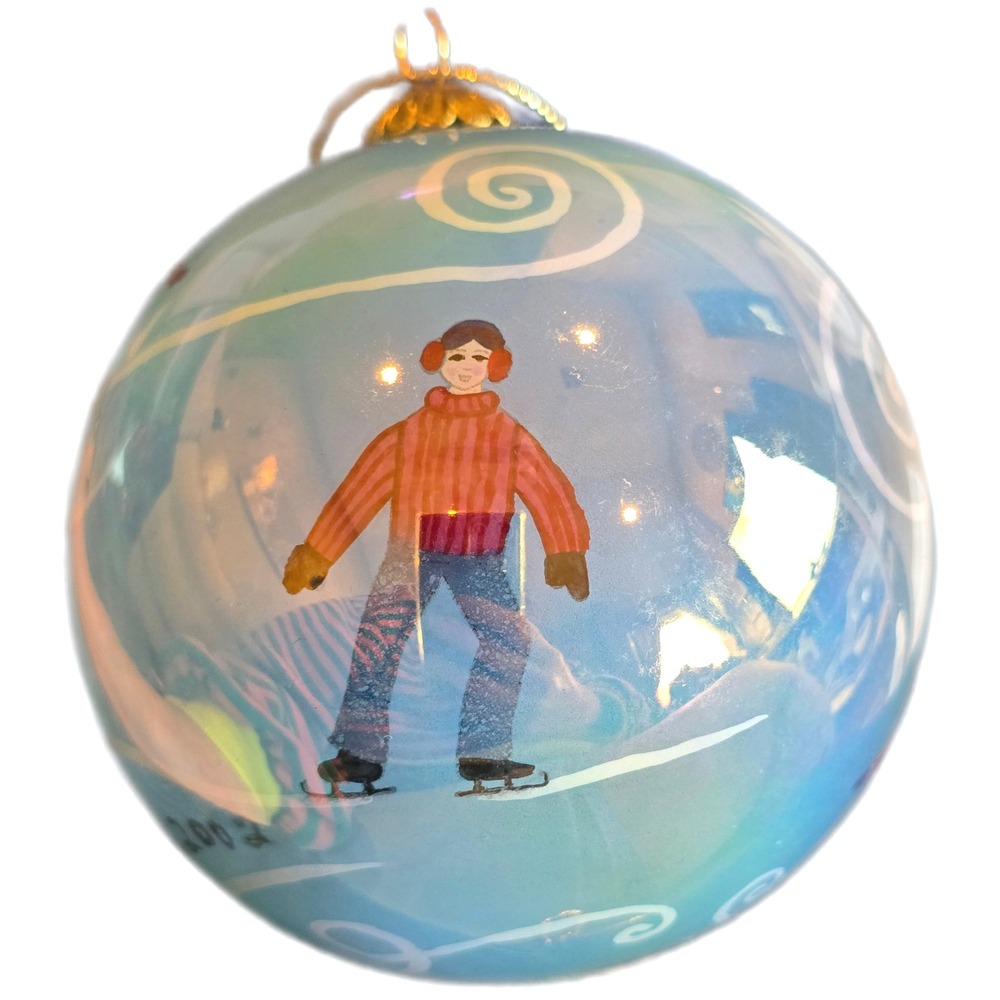 Vtg Pier 1 Imports Li Bien 2002 Ice Skaters Hand Painted Inside Glass Ornament